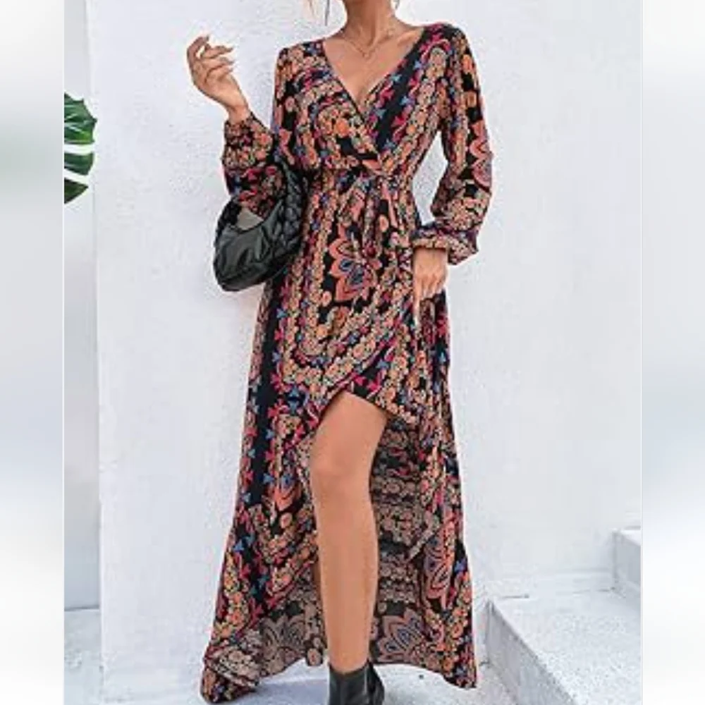 NWOT Southwestern Boho Floral Wrap Dress - Picture 2 of 8